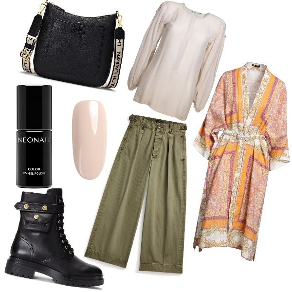 Outfit donna - Total look #1722956. Stile Boho per Ufficio. Abbinamento con smalti, bluse, cappotti, pantaloni, stivaletti, borse a tracolla.