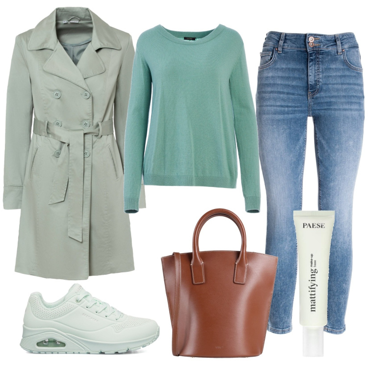 Outfit donna - Trench che passione. Stile Basic per Tutti i giorni. Abbinamento con trench, borse a mano, primer, maglieria, jeans skinny, sneakers.