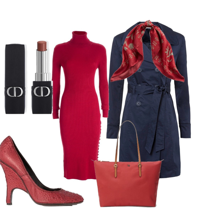 Outfit donna - L’immancabile trench blu. Stile Chic per Ufficio. Abbinamento con trench, décolleté, rossetti, vestiti midi/longuette, foulard, borse tote.