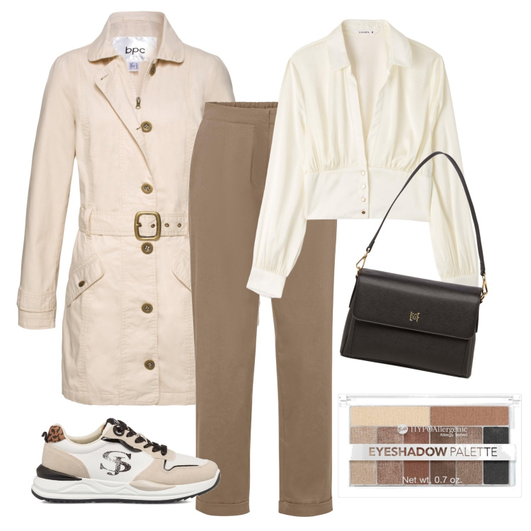 Outfit donna - Total look trench casual. Stile Casual chic per Tutti i giorni. Abbinamento con pantaloni, trench, ombretti, camicie, sneakers, borse a tracolla.