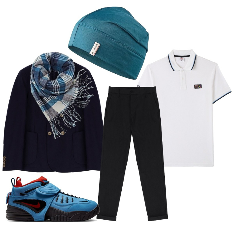 Outfit uomo - Nero e un po’ di turchese. Stile Trendy per Tutti i giorni. Abbinamento con polo, giacche, pantaloni, sneakers, sciarpe, berretti.