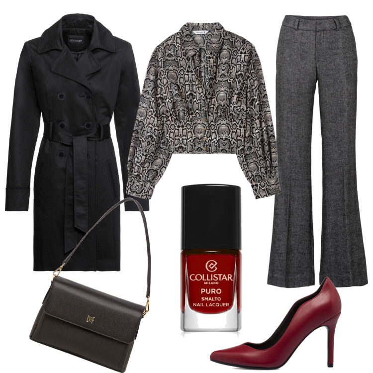 Outfit donna - Perfetta per l\' ufficio. Stile Chic per Ufficio. Abbinamento con trench, pantaloni, smalti, bluse, décolleté, borse a tracolla.