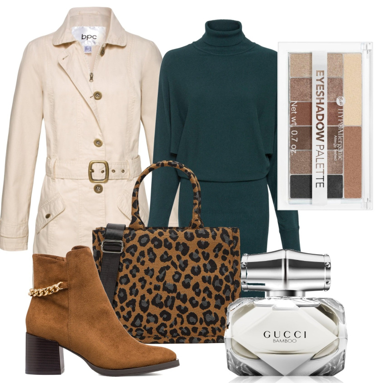 Outfit donna - Trench curvy. Stile Casual chic per Tutti i giorni. Abbinamento con vestiti, trench, profumi, ombretti, shopping bag, stivaletti.