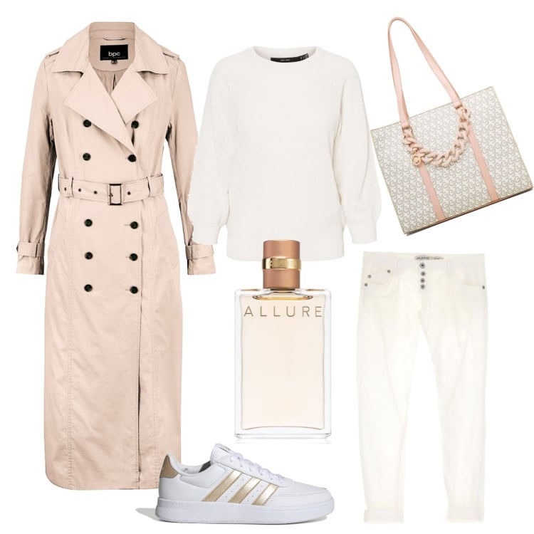 Outfit donna - Comodità e stile. Stile Casual chic per Tutti i giorni. Abbinamento con trench, profumi, jeans, sneakers, borse a spalla, pullovers.