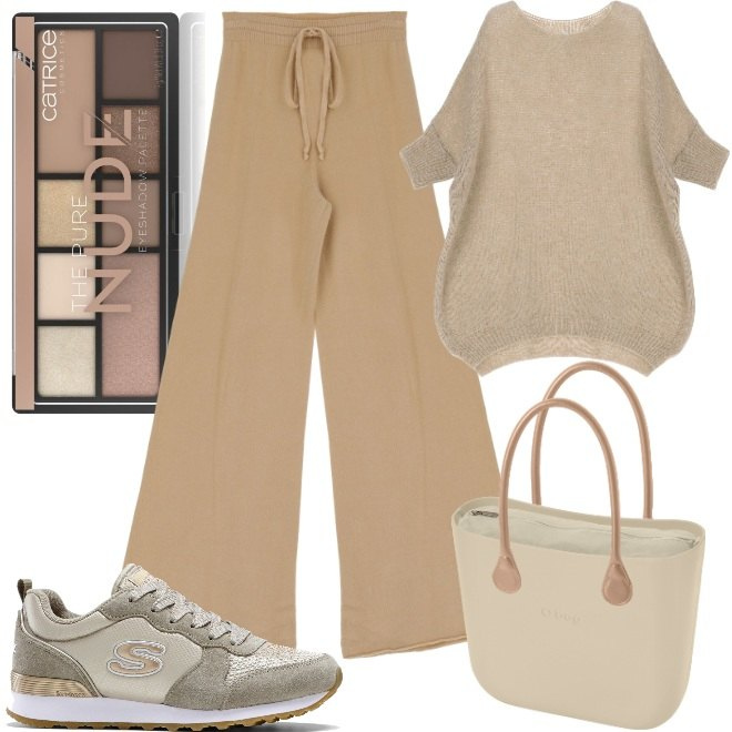 Outfit donna - Morbide Sfumature. Stile Basic per Tutti i giorni. Abbinamento con sneakers, ombretti, pullovers, pantaloni a palazzo, borse a spalla.