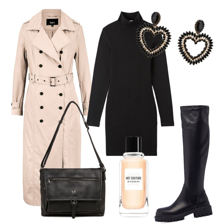Outfit donna - Beautiful. Stile Casual chic per Tutti i giorni. Abbinamento con trench, profumi, vestiti midi/longuette, orecchini, stivali, borse a tracolla.