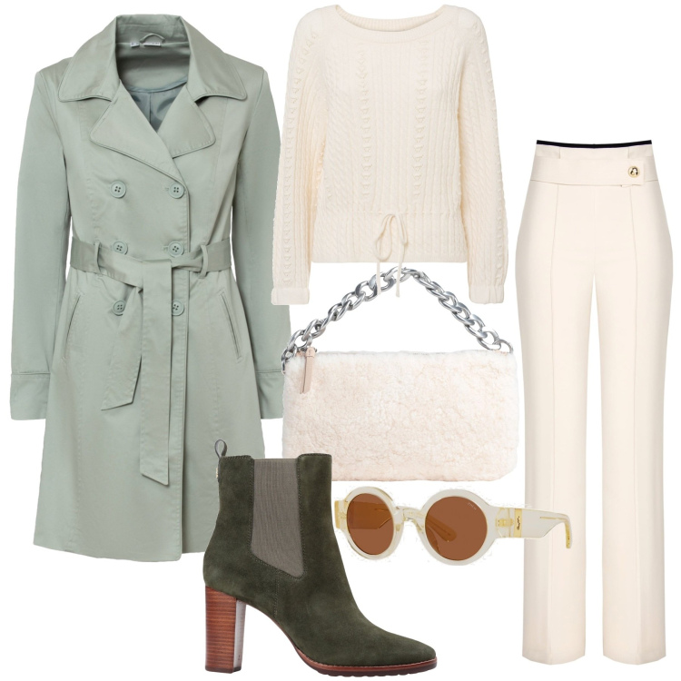 Outfit donna - Trench & the City. Stile Chic per Tutti i giorni. Abbinamento con trench, maglieria, stivaletti, borse a mano, pantaloni a palazzo, occhiali da sole.