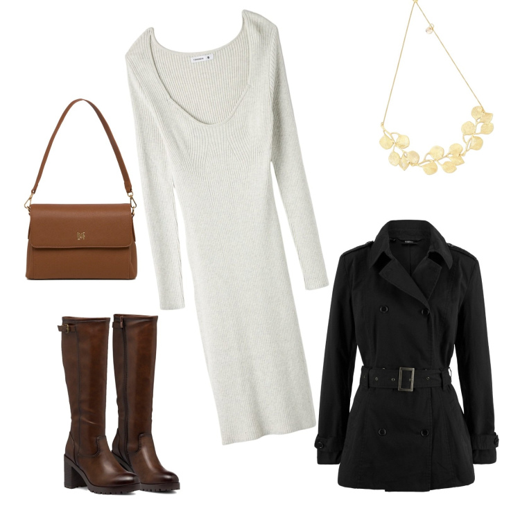 Outfit donna - Elegante casual. Stile Casual chic per Tutti i giorni. Abbinamento con trench, vestiti lunghi, collane, stivali sopra il ginocchio, borse a tracolla.