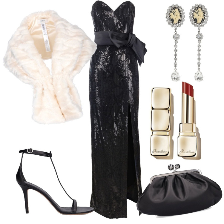 Outfit donna - Jessica Rabbit a teatro. Stile Glamour per Serata fuori. Abbinamento con rossetti, vestiti lunghi, stole, pochette, orecchini, sandali in pelle.