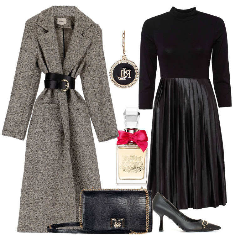 Outfit donna - Il trench lungo per la sera. Stile Chic per Serata fuori. Abbinamento con vestiti, profumi, borse a tracolla, trench, décolleté, orecchini.