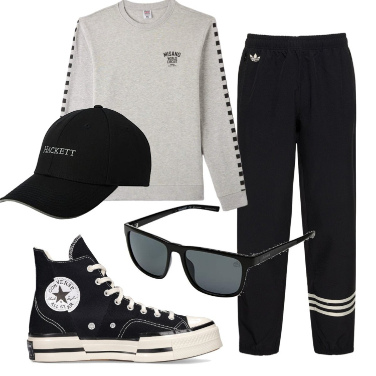 Outfit uomo - Total look #1723090. Stile Casual per Tutti i giorni. Abbinamento con felpe, sneakers, occhiali da sole nero, pantaloni, cappelli.