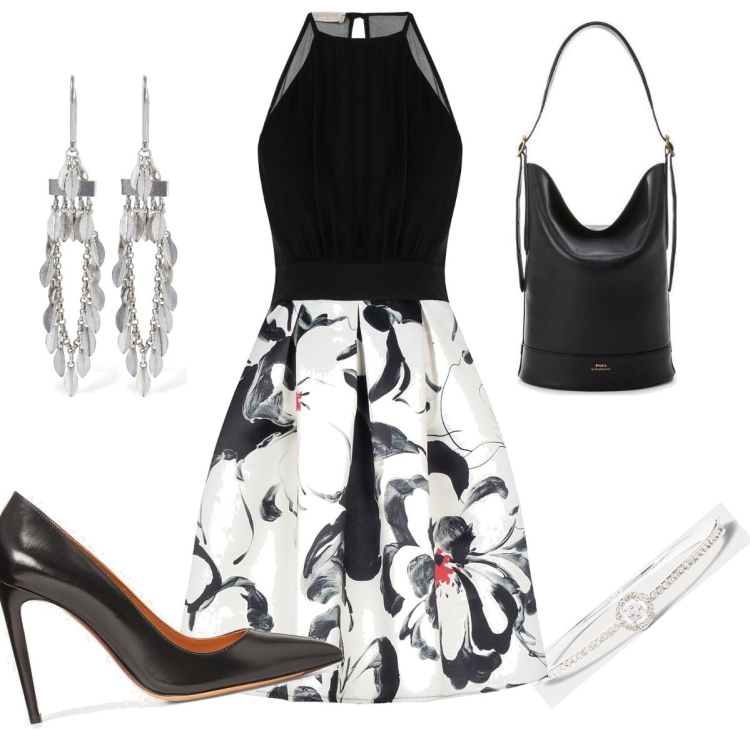 Outfit donna - Total look #1723106. per Cerimonia. Abbinamento con vestiti corti, borse a secchiello, braccialetti, décolleté, orecchini.