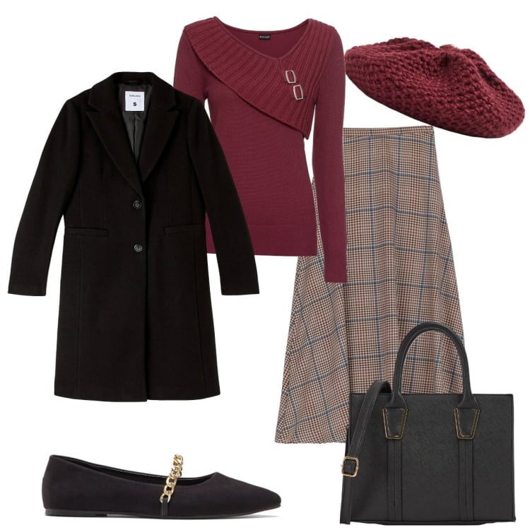 Outfit donna - French stile. Stile Casual chic per Tutti i giorni. Abbinamento con maglieria, ballerine, shopping bag, cappelli e berretti, cappotti, gonne longuette.