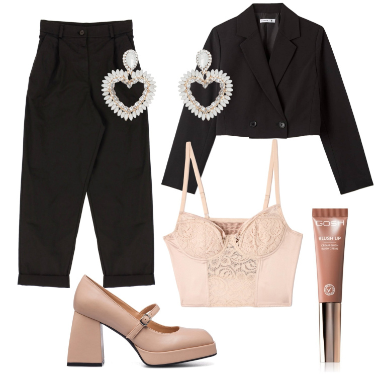 Outfit donna - Il top corsetto. Stile Vintage retrò per Serata fuori. Abbinamento con blush, blazer, canottiere, pantaloni, orecchini, décolleté.