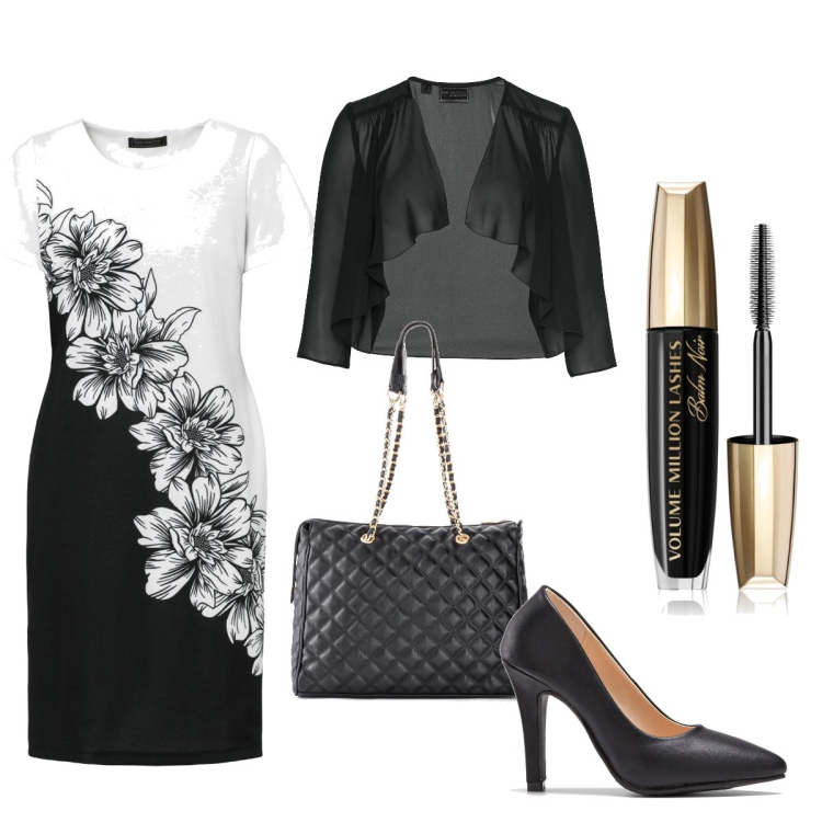 Outfit donna - Curvy elegance. Stile Chic per Serata fuori. Abbinamento con bolero, shopping bag, vestiti, décolleté, mascara.