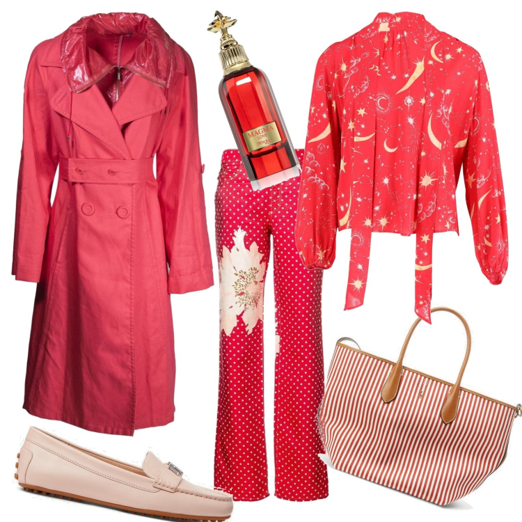 Outfit donna - Total look #1723157. Stile Casual per Tutti i giorni. Abbinamento con bluse, trench, pantaloni, profumi, mocassini, borse tote.