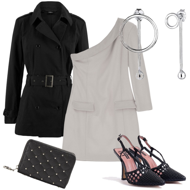 Outfit donna - Il trench corto. Stile Sexy per Serata fuori. Abbinamento con trench, portafogli, vestiti corti, décolleté, orecchini.