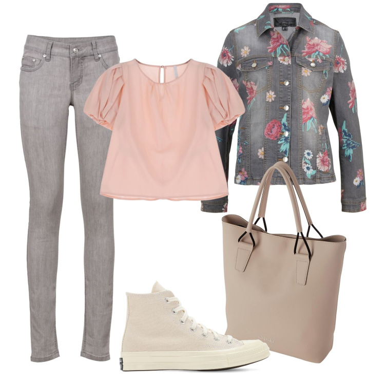 Outfit donna - Fiori per l\'autunno. Stile Casual per Tutti i giorni. Abbinamento con jeans skinny, giacche, t-shirt, sneakers, borse a spalla.