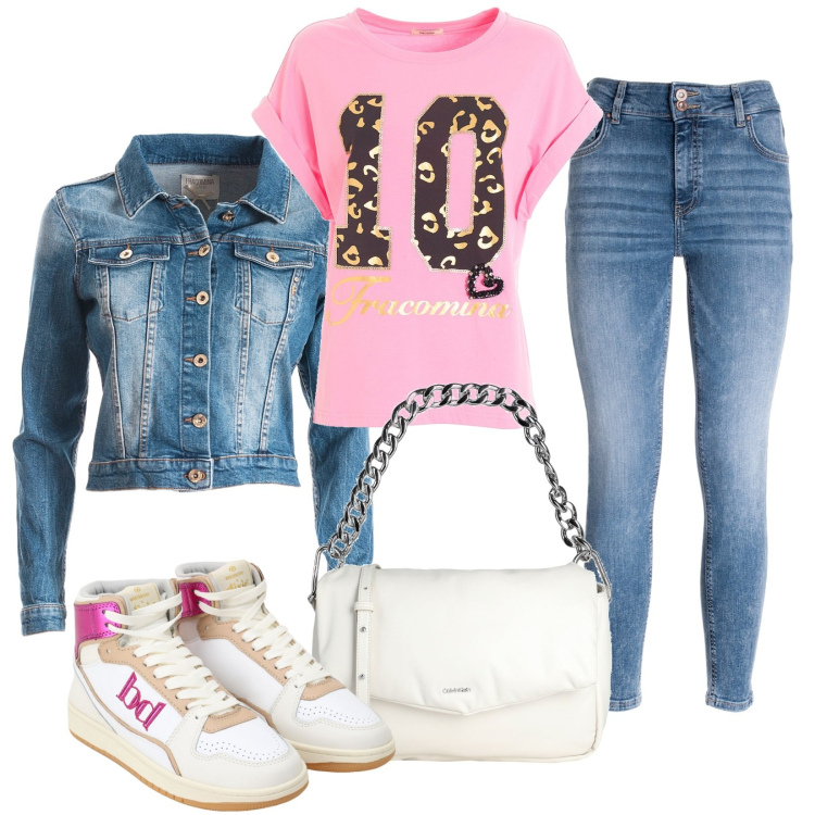 Outfit donna - Stile urban per il giorno. Stile Urban per Tutti i giorni. Abbinamento con borse a spalla, sneakers alte, t-shirt, jeans skinny, blazer.