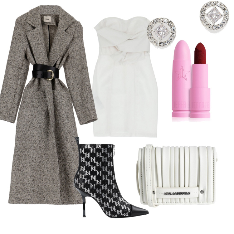 Outfit donna - Sorpresa sotto il trench. Stile Rock per Serata fuori. Abbinamento con borse a tracolla, stivaletti, rossetti, vestiti corti, orecchini, trench.