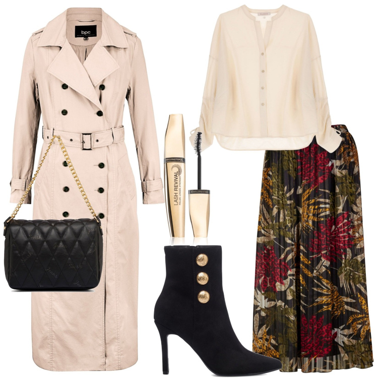 Outfit donna - Un pomeriggio al cinema. Stile Bon Ton per Serata fuori. Abbinamento con gonne lunghe, trench, mascara, camicie, borse a tracolla, stivaletti.