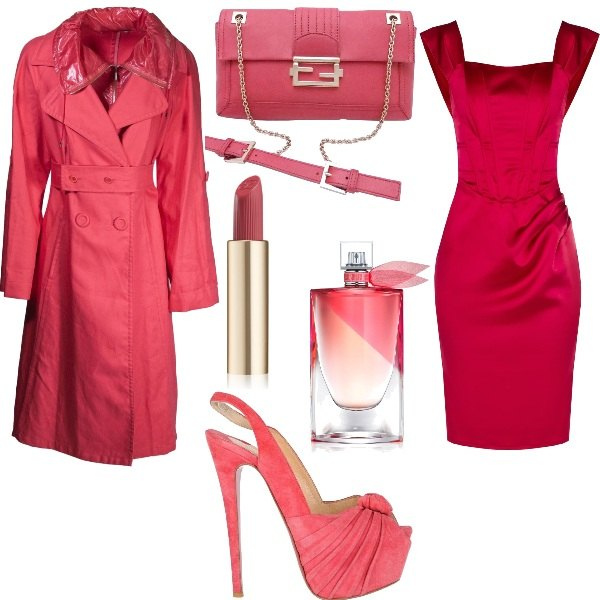 Outfit donna - Party a tema. Stile Glamour per Serata fuori. Abbinamento con trench, décolleté, borse a spalla, rossetti, profumi, vestiti a tubino.