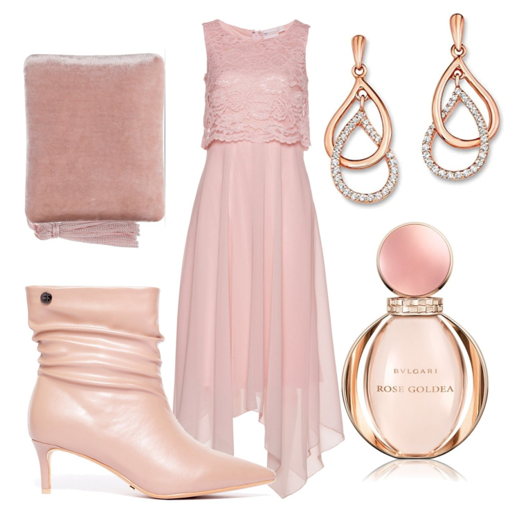 Outfit donna - Rose addicted. Stile Chic per Serata fuori. Abbinamento con vestiti midi/longuette, profumi, stivaletti, pochette, orecchini.