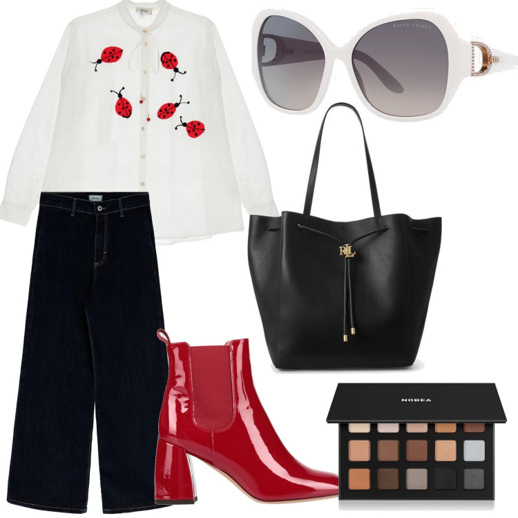 Outfit donna - Ufficio glam. Stile Glamour per Ufficio. Abbinamento con stivaletti chelsea, ombretti, occhiali da sole, borse tote, pantaloni a palazzo, camicie.