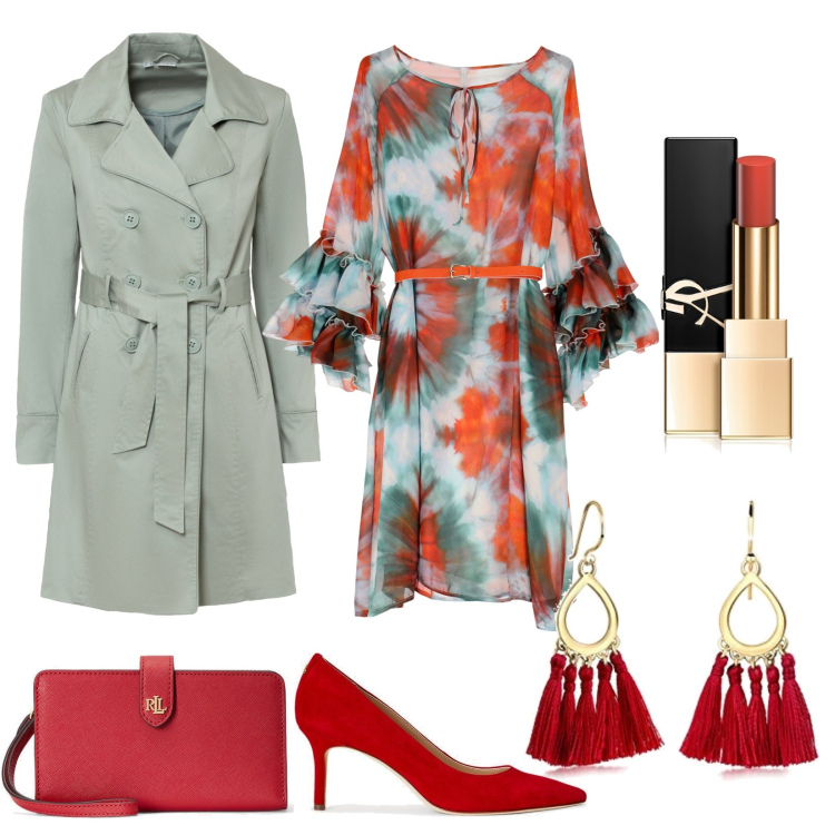 Outfit donna - Domenica a pranzo fuori. Stile Chic per Serata fuori. Abbinamento con trench, rossetti, vestiti corti, pochette, décolleté, orecchini.
