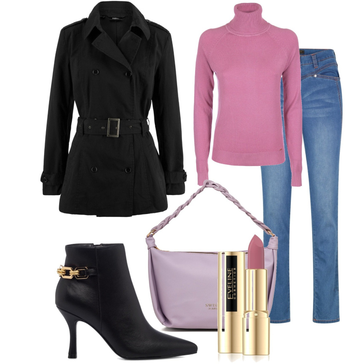 Outfit donna - Black trenchcoat. Stile Casual chic per Tutti i giorni. Abbinamento con trench, jeans, rossetti, maglieria, borse a mano, stivaletti.