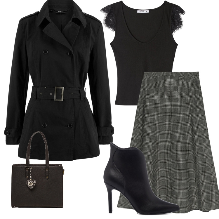 Outfit donna - Grigio e nero. Stile Casual chic per Serata fuori. Abbinamento con trench, canottiere, gonne longuette, stivaletti, borse a spalla.