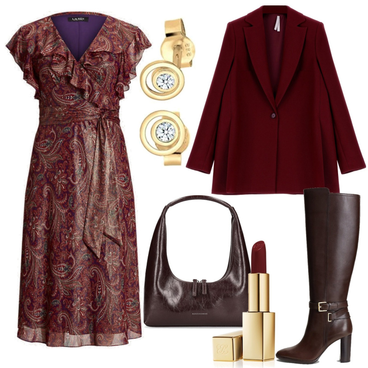 Outfit donna - Fantasia Paisley per l\'abito. Stile Chic per Serata fuori. Abbinamento con rossetti, cappotti, vestiti, stivali, borse a spalla, orecchini.