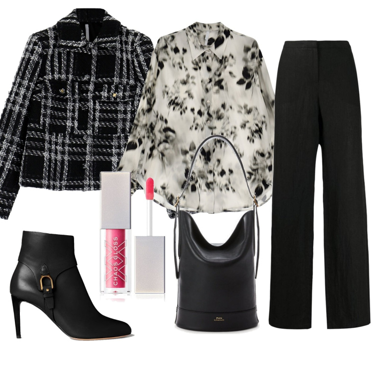 Outfit donna - Total look #1723297. Stile Casual chic per Tutti i giorni. Abbinamento con pantaloni, gloss, camicie, blazer, borse a secchiello, stivaletti.