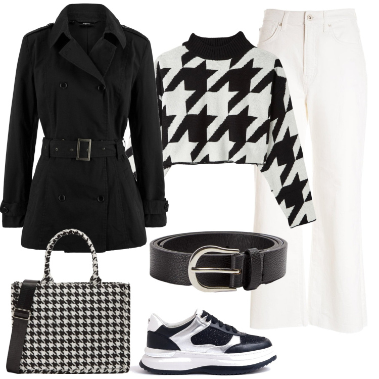 Outfit donna - Optical bianco e nero. Stile Casual chic per Tutti i giorni. Abbinamento con trench, maglieria, shopping bag, cinture, sneakers, pantaloni culotte.