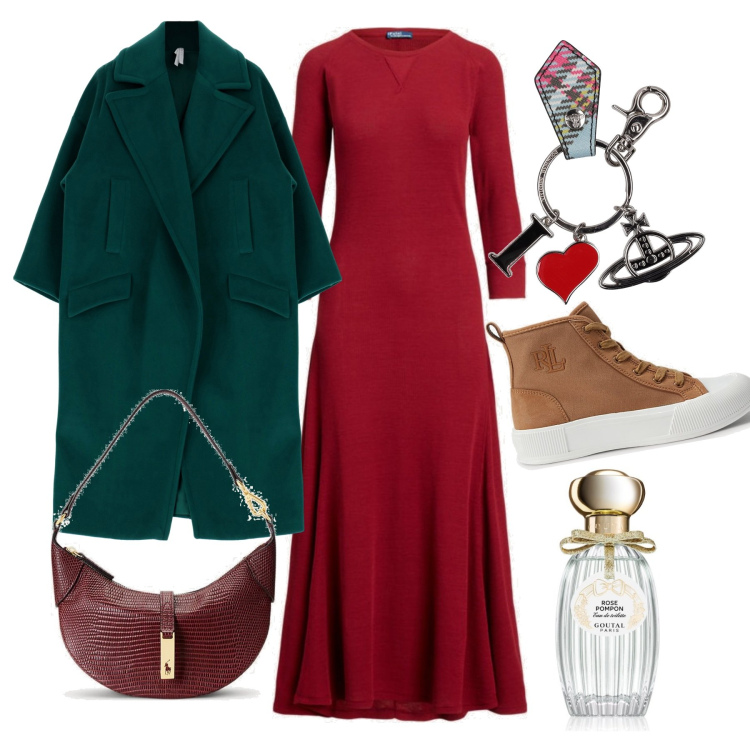 Outfit donna - Si avvicina il freddo. Stile Sporty chic per Tutti i giorni. Abbinamento con profumi, cappotti, vestiti, borse a spalla, sneakers, portachiavi.