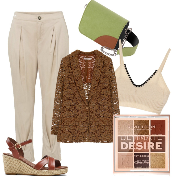 Outfit donna - Caldo settembre. Stile Casual chic per Ufficio. Abbinamento con pantaloni capri, sandali, ombretti, giacche, top, borse a spalla.