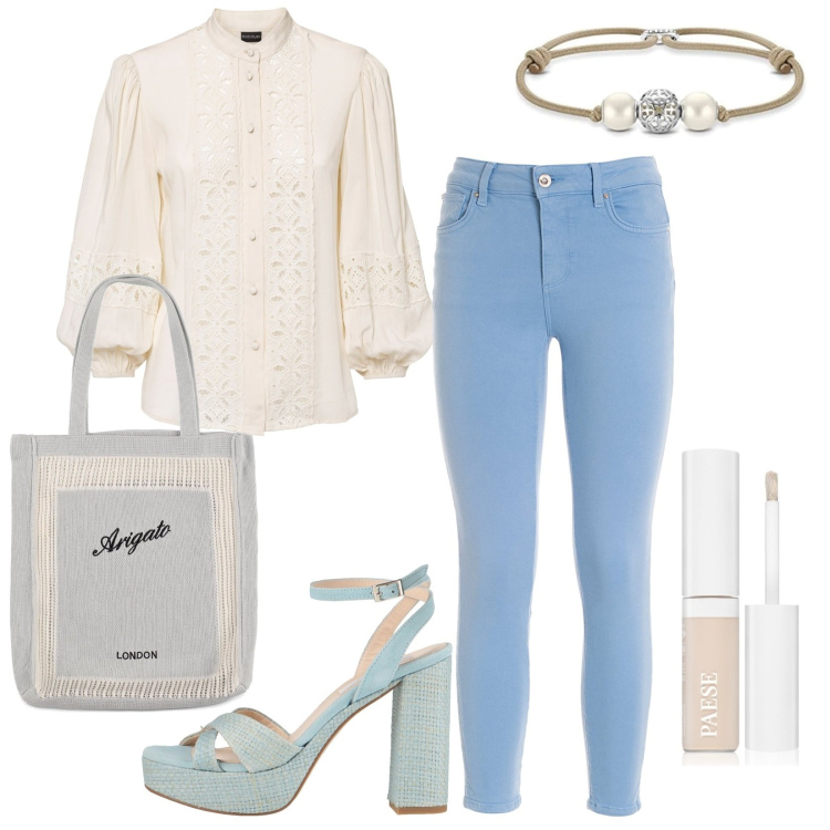 Outfit donna - Total look #1723340. Stile Casual per Tutti i giorni. Abbinamento con camicie, sandali in pelle, correttori, jeans skinny, braccialetti, shopping bag.