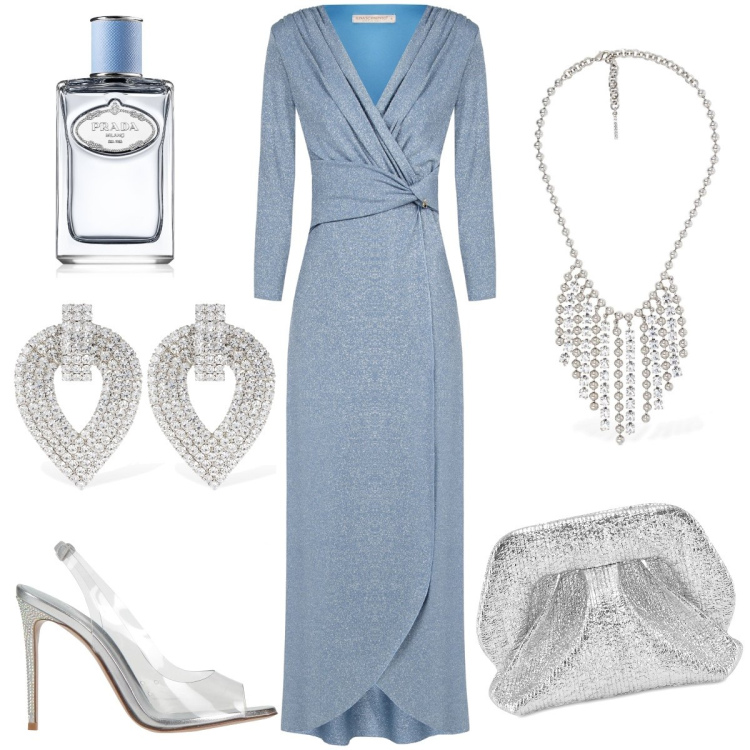 Outfit donna - Cerimonia. Stile Glamour per Cerimonia. Abbinamento con sandali in pelle, profumi, vestiti lunghi, pochette, orecchini, collane.