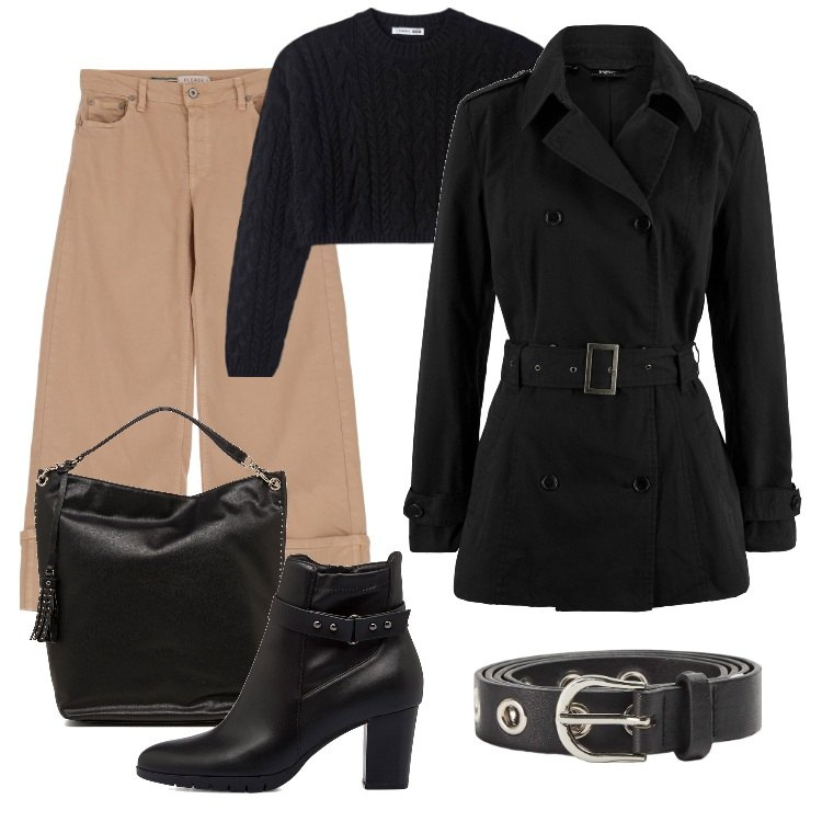 Outfit donna - Total look #1723347. Stile Rock per Tutti i giorni. Abbinamento con trench, cinture, maglieria, pantaloni a palazzo, stivaletti, zaini.