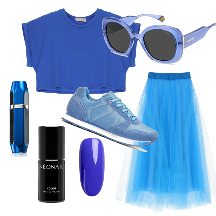 Outfit donna - Total blue. Stile Sporty chic per Serata fuori. Abbinamento con sneakers, profumi, smalti, t-shirt, gonne longuette, occhiali da sole.