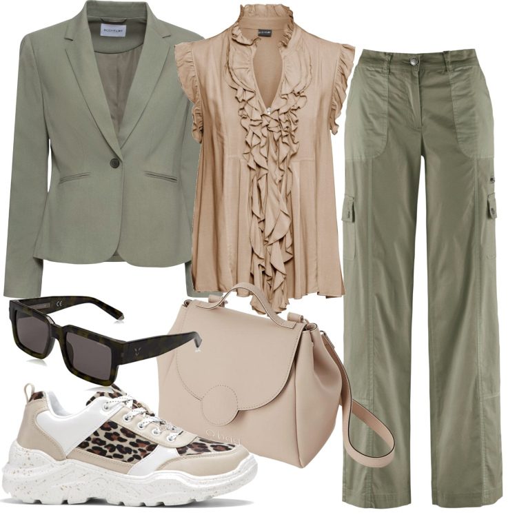 Outfit donna - Total look #1723357. Stile Casual per Scuola/Università. Abbinamento con pantaloni cargo, blazer, sneakers, maglieria, borse a spalla, occhiali da sole.