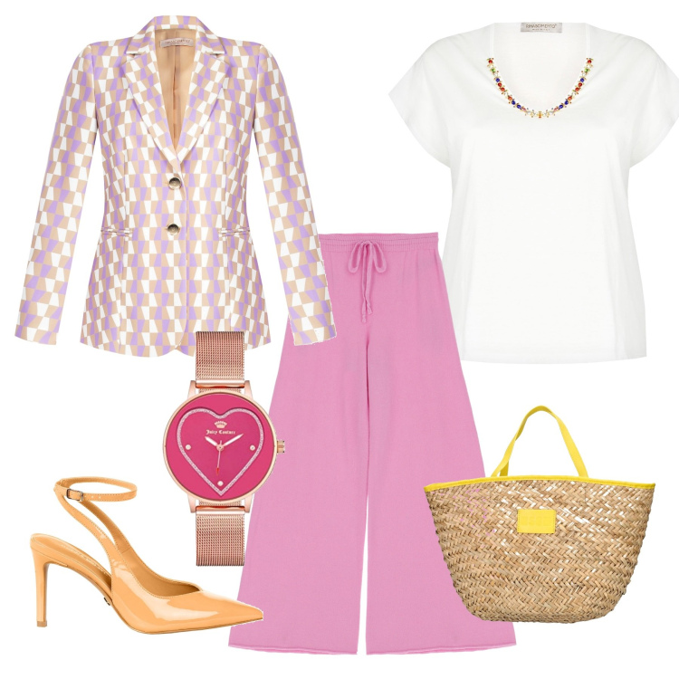 Outfit donna - Not only Pink. Stile Chic per Tutti i giorni. Abbinamento con giacche, décolleté, t-shirt, pantaloni a palazzo, shopping bag, orologi.