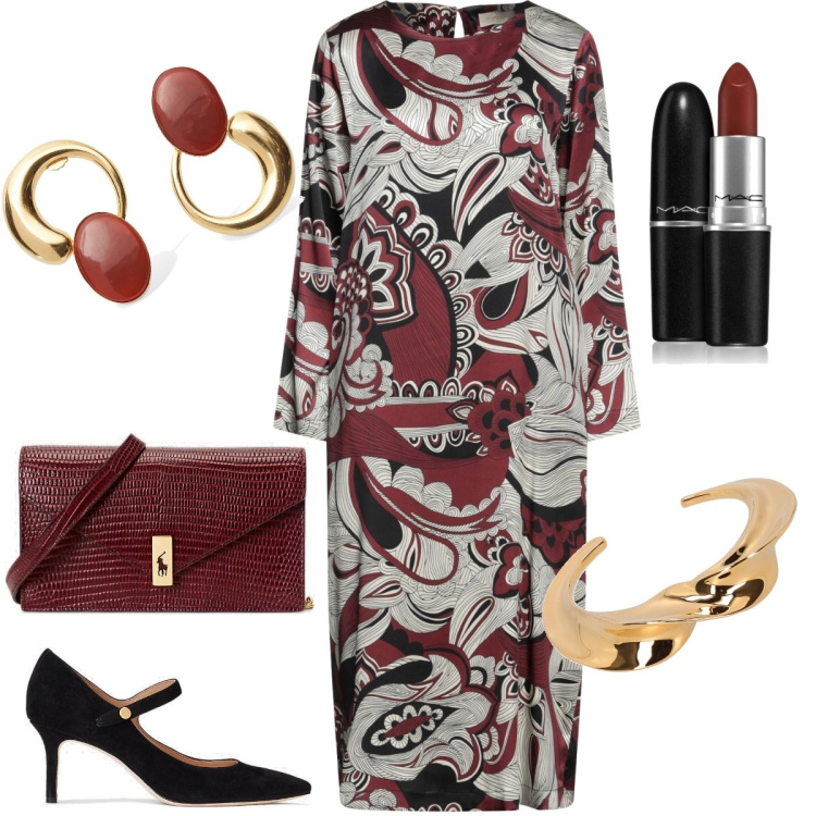 Outfit donna - Cena elegante. Stile Chic per Serata fuori. Abbinamento con vestiti midi/longuette, rossetti, clutch, décolleté, orecchini, braccialetti.