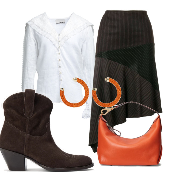 Outfit donna - Una che ula. Stile 70s per Tutti i giorni. look ideale per Petite. Abbinamento con gonne longuette, camicie, stivaletti, borse a spalla, orecchini.