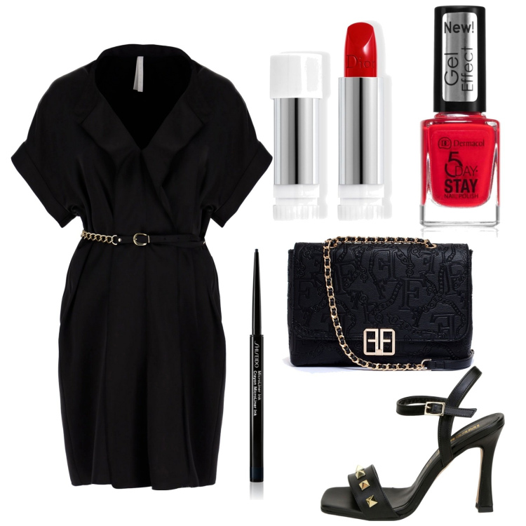 Outfit donna - Sensuale. Stile Casual chic per Serata fuori. Abbinamento con eyeliner, smalti, rossetti, clutch, vestiti corti, sandali in pelle.