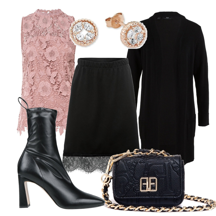 Outfit donna - La gonna con dettagli in pizzo. Stile Casual chic per Serata fuori. Abbinamento con cardigans, gonne, top, stivaletti, marsupi, orecchini.