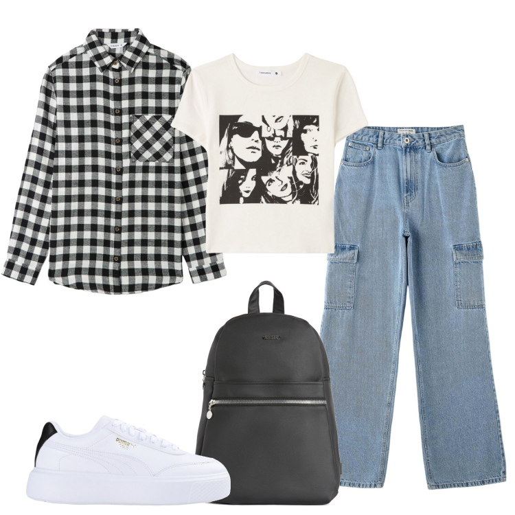 Outfit donna - Trendy girl. Stile Trendy per Tutti i giorni. Abbinamento con sneakers, t-shirt, camicie, jeans, zaini.