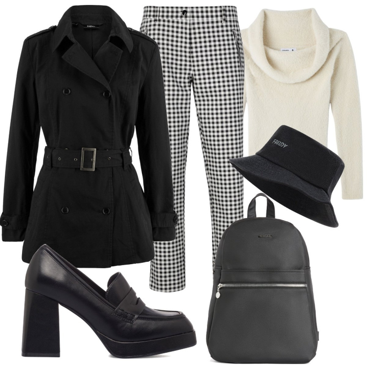 Outfit donna - Come quando fuori piove. Stile Basic per Ufficio. Abbinamento con pantaloni, trench, maglieria, zaini, cappelli, mocassini.