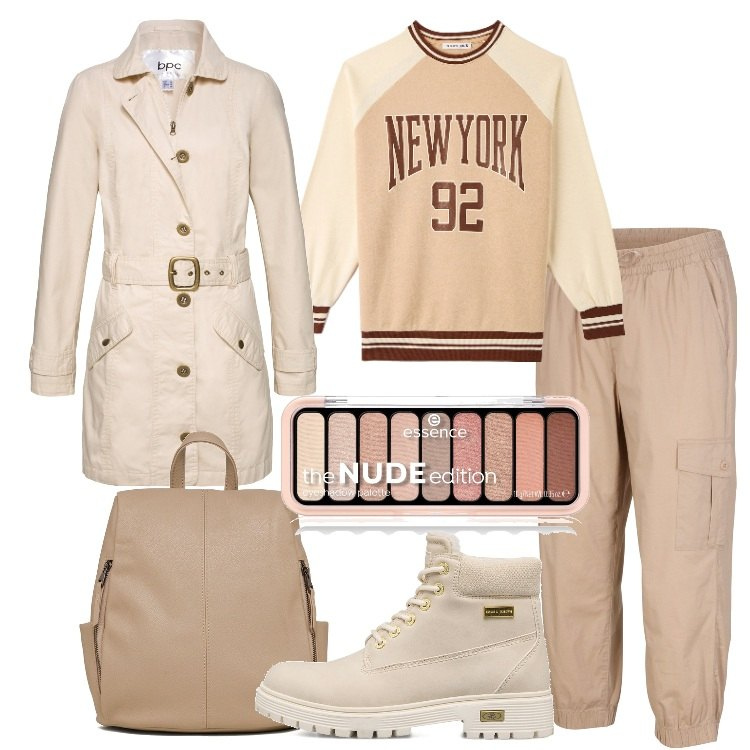 Outfit donna - Trench nei toni chiari. Stile Casual per Scuola/Università. Abbinamento con pantaloni cargo, trench, ombretti, felpe, stivaletti, zaini.