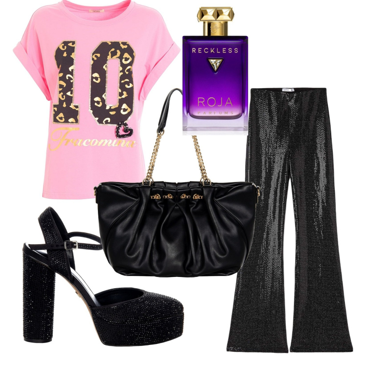 Outfit donna - Total look #1723514. Stile Glamour per Serata fuori. Abbinamento con profumi, leggings, borse a spalla, scarpe col tacco, t-shirt.